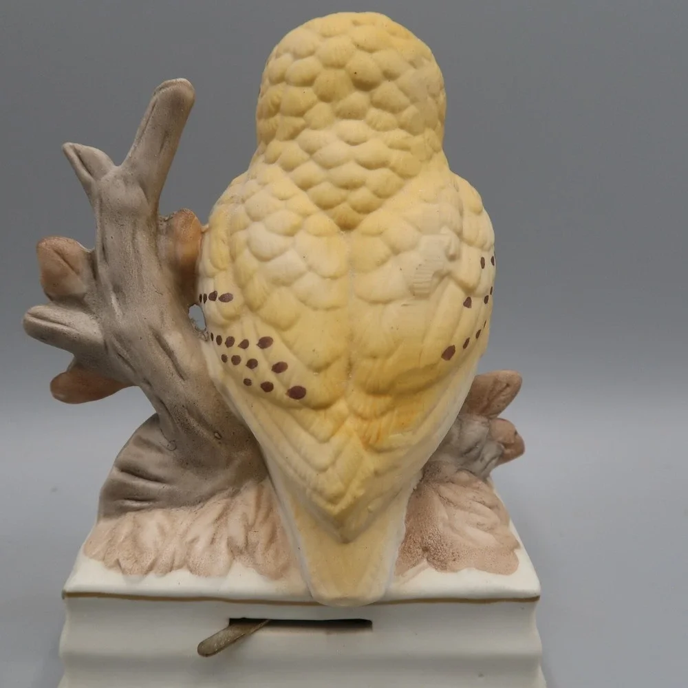 Vintage Towle Music Box With Yellow Barn Owl on Branch Fine Porcelain Statue